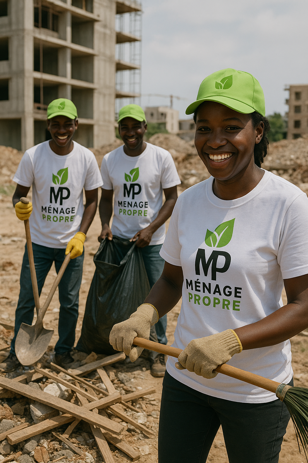 employés menage propre en plein nettoyage de chantier