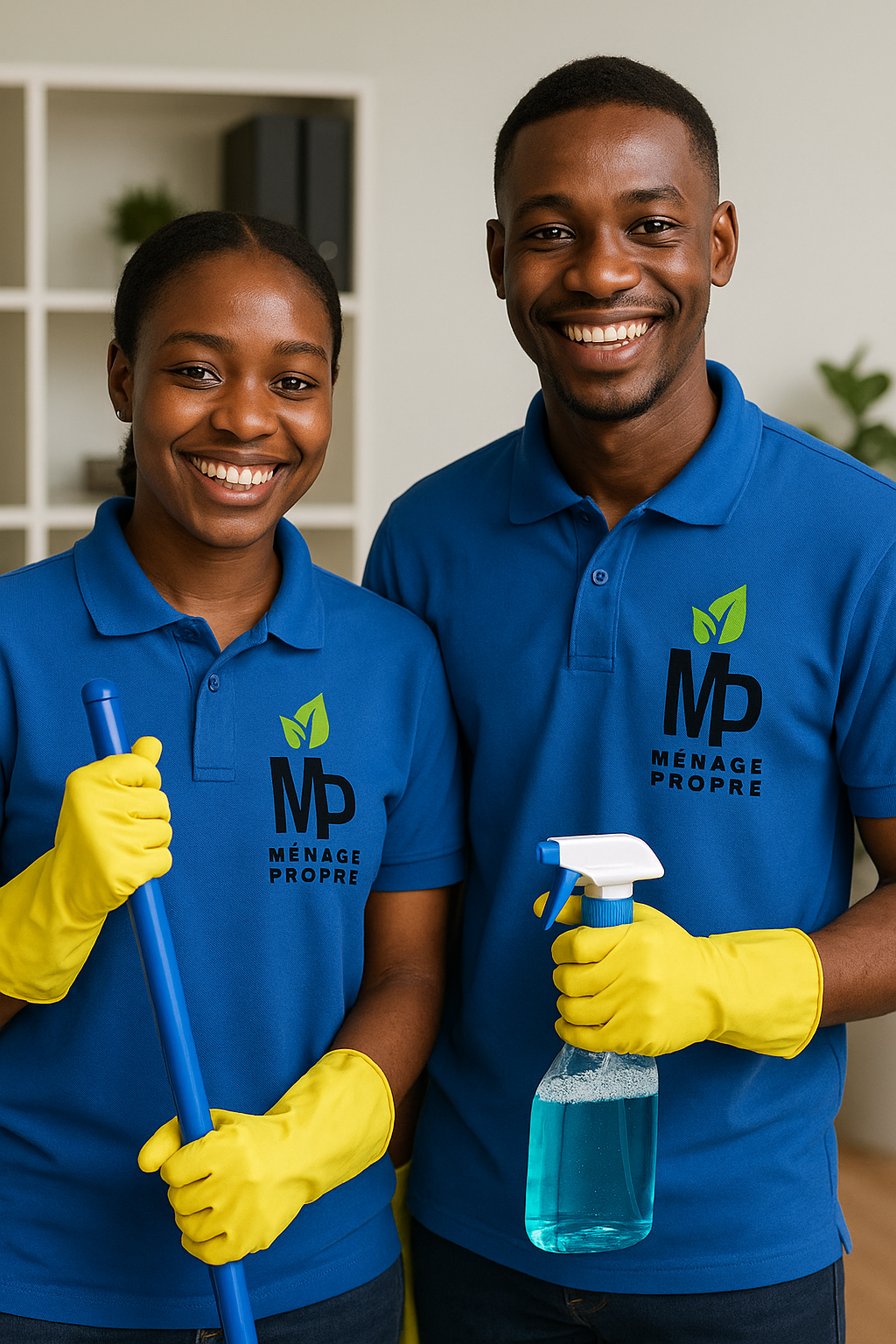 2 employés en plein nettoyage de bureau